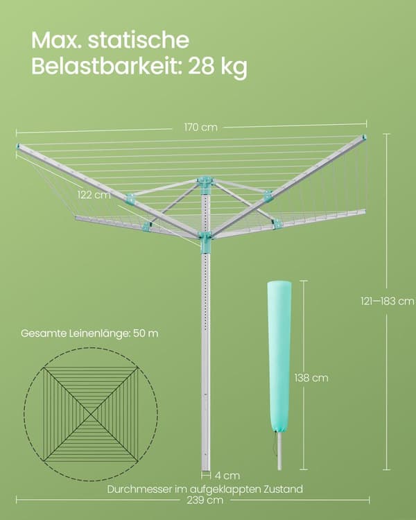 Vaatetanko, SONGMICS LLR302E01, 170x170x121-183 cm, Hopea-Vihreä