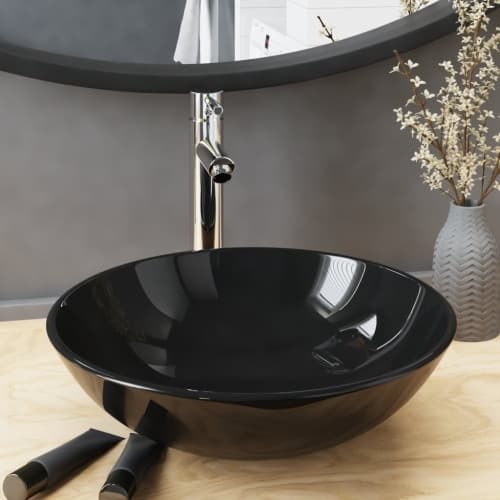 Handfat med kran och tryckavlopp svart härdat glas