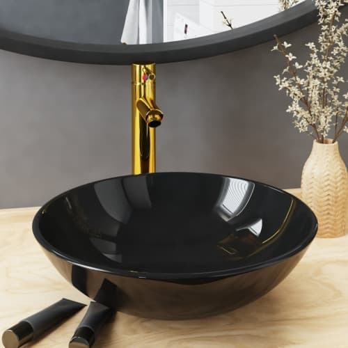 Handfat med kran och tryckavlopp svart härdat glas