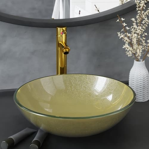 Handfat med kran och tryckavlopp guld härdat glas