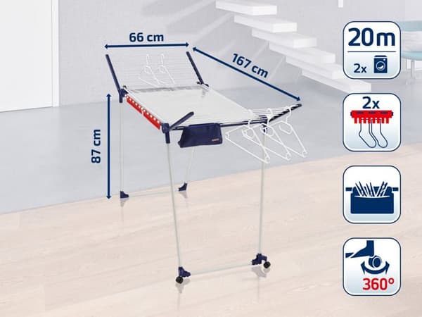 Torkställning Leifheit Pegasus 200 Solid Deluxe Mobile 81517, torkställning på hjul med 20m torkyta, 5 klämmor, vit