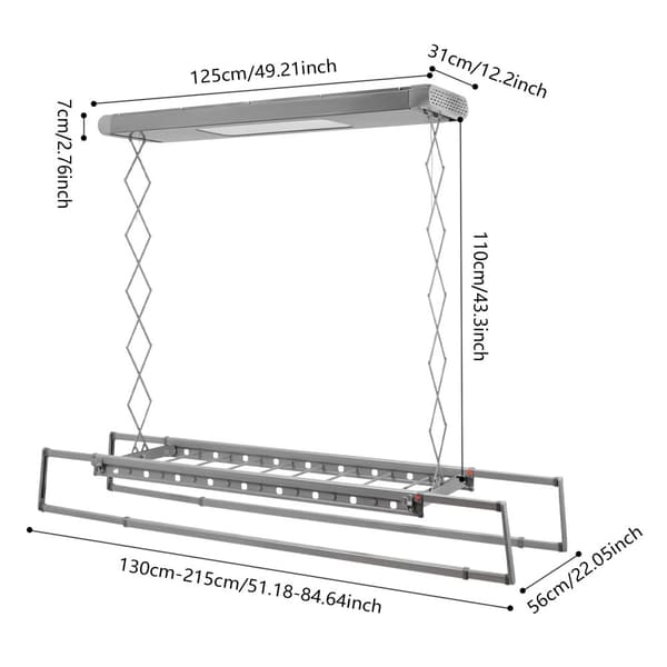 Elektrisk Tørrestativ, Fjernbetjening, Justerbar Længde 130-215 cm, LED Lys,Sølv