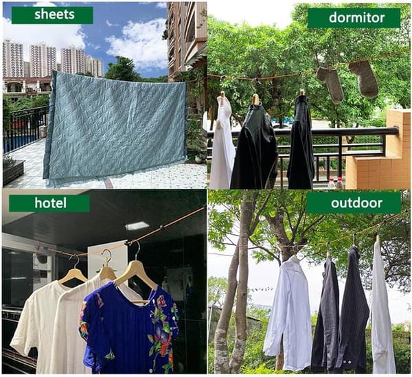Lollanda Laundry Line Extendable 10m – bærbar tørresnor til indendørs og udendørs brug, perfekt til rejser, camping, hoteller og haver