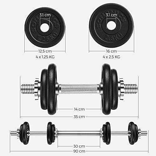 Songmics 2-in-1 käsipainosetti, 2 x 10 kg säädettävät valurautapainot, lisäteräslevyllä, musta
