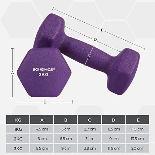 Songmics Hex-håndvægtsæt med stativ, 2 x 1 kg, 2 x 1,5 kg, 2 x 2 kg, håndvægte, gul, orange og lilla
