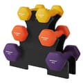 Miniatyrbillede 1 af 3: Songmics Hex-håndvægtsæt med stativ, 2 x 1 kg, 2 x 1,5 kg, 2 x 2 kg, håndvægte, gul, orange og lilla