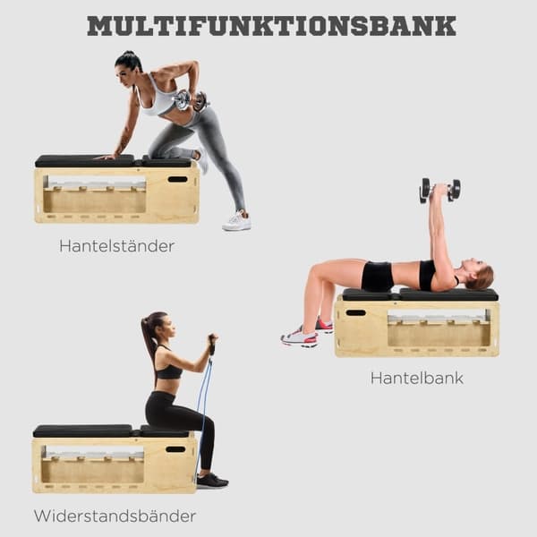Rootz Viktbänk med Hantelställ - Hemträningsbänk - Justerbar träningsbänk - Massivt trä - Vadderad sits - 110 cm x 35 cm x 43-107 cm