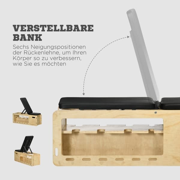 Rootz vægtbænk med håndvægtstativ - træningsbænk til hjemmet - Justerbar fitnessbænk - massivt træ - polstret sæde - 110 cm x 35 cm x 43-107 cm