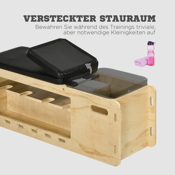 Rootz vægtbænk med håndvægtstativ - træningsbænk til hjemmet - Justerbar fitnessbænk - massivt træ - polstret sæde - 110 cm x 35 cm x 43-107 cm
