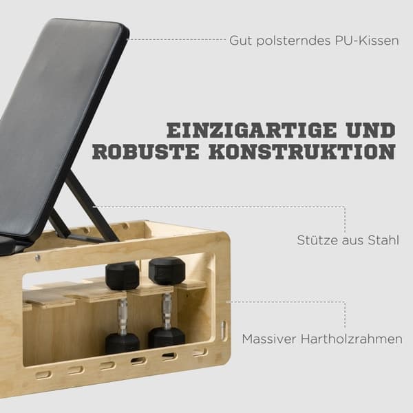 Rootz Viktbänk med Hantelställ - Hemträningsbänk - Justerbar träningsbänk - Massivt trä - Vadderad sits - 110 cm x 35 cm x 43-107 cm