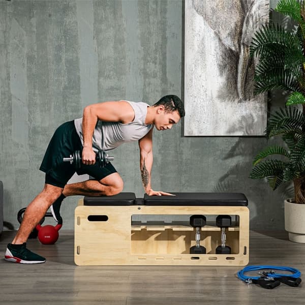 Rootz vægtbænk med håndvægtstativ - træningsbænk til hjemmet - Justerbar fitnessbænk - massivt træ - polstret sæde - 110 cm x 35 cm x 43-107 cm
