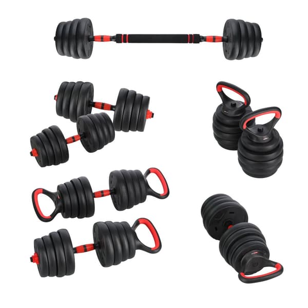 Justerbart håndvægtsæt + vægtstang + kettlebell 30kg 6i1
