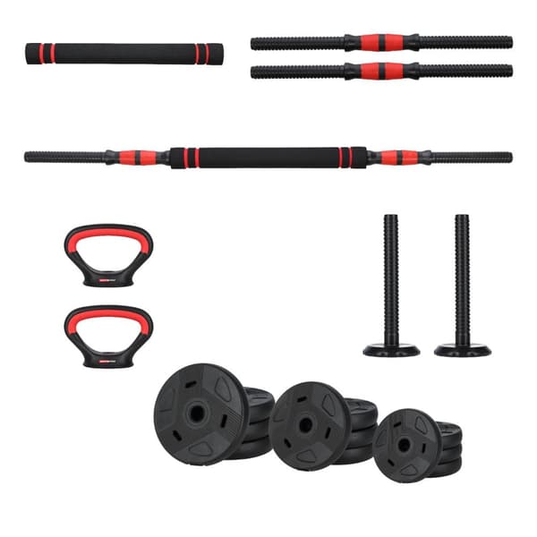 Justerbart håndvægtsæt + vægtstang + kettlebell 20kg 6i1