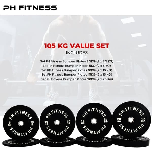 PH Fitness Bumper Plates Arvopaketti – Olympialuokan Kumipainolevyt 50 mm – Musta – Kotiin & Voimaharjoitteluun
