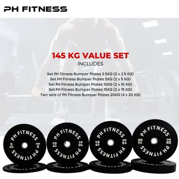 PH Fitness Bumper Plates Arvopaketti – Olympialuokan Kumipainolevyt 50 mm – Musta – Kotiin & Voimaharjoitteluun