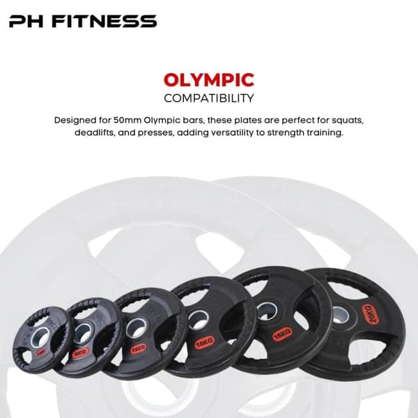 PH Fitness Olympialuokan Kumipainolevyt – 2 Kpl Setti – Tri-Grip 50mm – 1,25KG–20KG – Voimanostoon, CrossFitiin & Kotitreeniin – Kestävät Levyt
