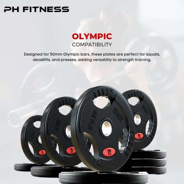 PH Fitness Viktplattor Set – Tri-Grip Gummi & Gjutjärn – 50mm Hål – För Powerlifting, Styrketräning & Hemmagym