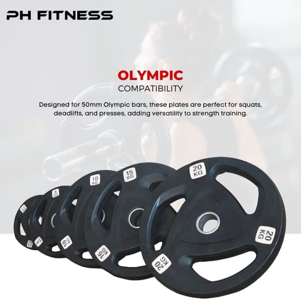 PH Fitness Premium Olympiska Gummiviktskivor – Set om 2 – Tri-Grepp 50mm – 1,25KG–25KG – För CrossFit, Hemmaträning & Powerlifting