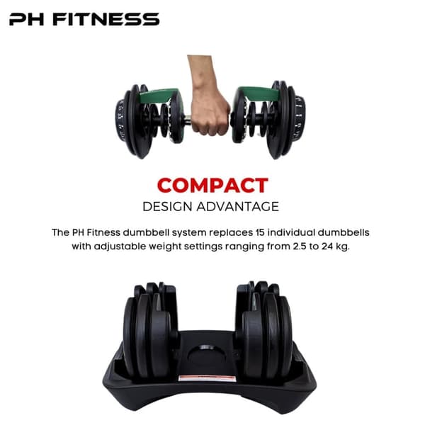 PH Fitness Justerbar Hantel 24kg – 15 Viktnivåer i 1 Hantel – För Hemmaträning & Styrketräning – 1 st