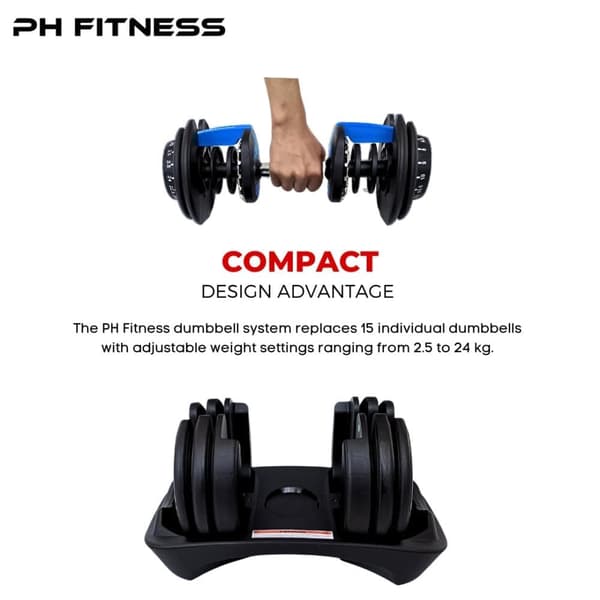 PH Fitness Justerbar Hantel 24kg – 15 Viktnivåer i 1 Hantel – För Hemmaträning & Styrketräning – 1 st