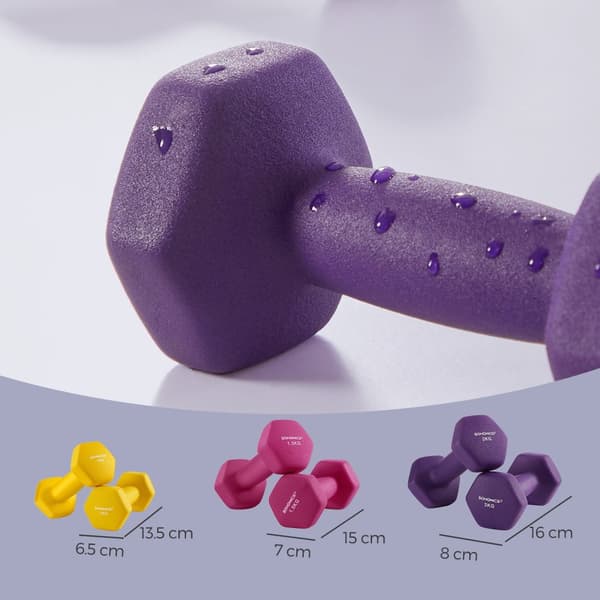 Hantelset, SONGMICS SYL609B02, 11,5x5x4,5 cm, 13,5x6,5x6 cm, 20x9x8,5 cm, Gul, Rosa, Lila