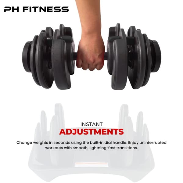 PH Fitness Nya Justerbara Hantlar (1 st) – Premium Dumbbell 2,5–24 kg – 15 Viktlägen – Enhandsgrepp & Snabb Justering