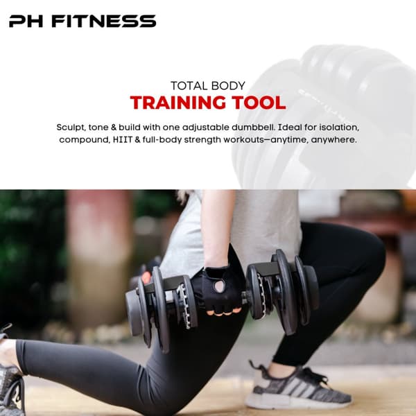 PH Fitness Nya Justerbara Hantlar (1 st) – Premium Dumbbell 2,5–24 kg – 15 Viktlägen – Enhandsgrepp & Snabb Justering