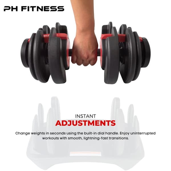 PH Fitness Nya Justerbara Hantlar (1 st) – Premium Dumbbell 2,5–24 kg – 15 Viktlägen – Enhandsgrepp & Snabb Justering