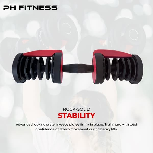 PH Fitness Nya Justerbara Hantlar (1 st) – Premium Dumbbell 2,5–24 kg – 15 Viktlägen – Enhandsgrepp & Snabb Justering