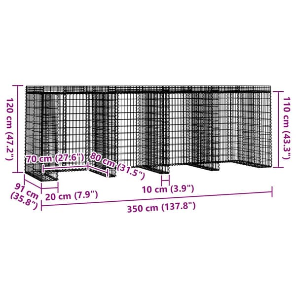 vidaXL gabionvæg til skraldespand 350x91x120 cm galvaniseret jern