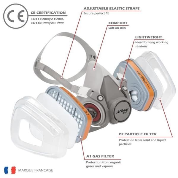 AIRGEARPRO M-500 Återanvändbar gas- och dammmask - Svart, klart glas