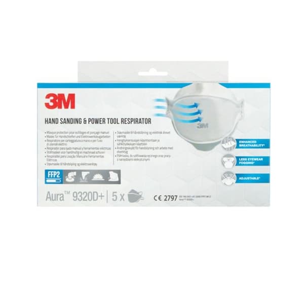 3 m skyddsmask för byggarbetsplatser - 9320C3 - 9320D+ Aura, FFP2 respirator för engångspartiklar, utan ventil, 5-pack
