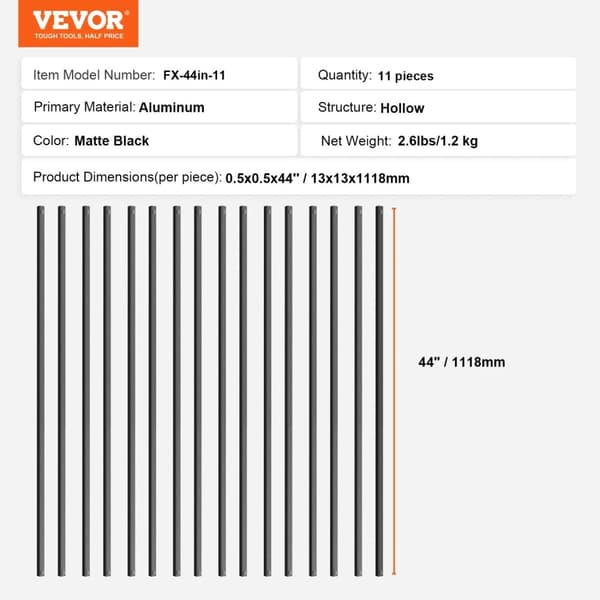 Trappe Metal Balustre, Aluminium Konstruktions, Mat Sort Finish,11 stk 44 tommer