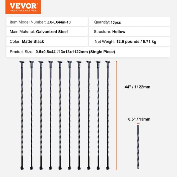 Trappe Metal Balustre, Galvaniseret Stål, Hult Design,10 stk 44 tommer type 3