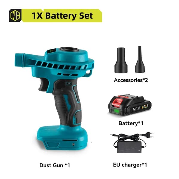 Trådløs Luftblæser, Kraftfuld 500W Rengøring, Genopladeligt 7500mAh Batteri,1 Batteri EU Stik