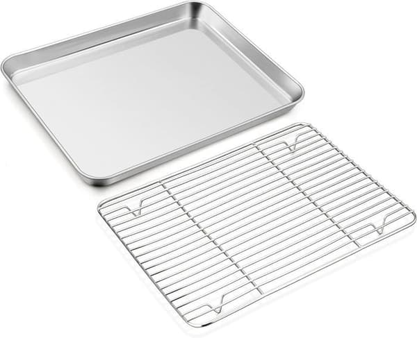 Stekpanna med galler, rostfritt stål, lätt att rengöra för tillagning i ugnen, 40,5 x 30,5 x 2,5 cm