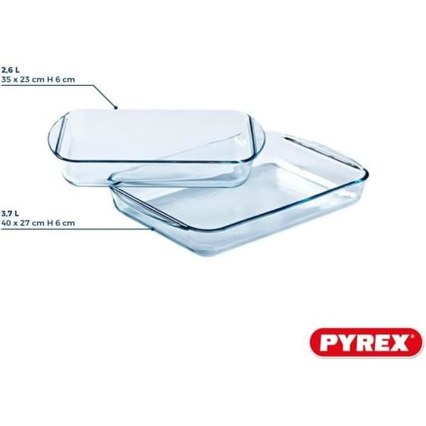 Pyrex Set med 2 rektangulära lasagne- och gratängfat i borosilikatglas - Tillverkad i Frankrike