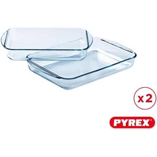 Pyrex Set med 2 rektangulära lasagne- och gratängfat i borosilikatglas - Tillverkad i Frankrike