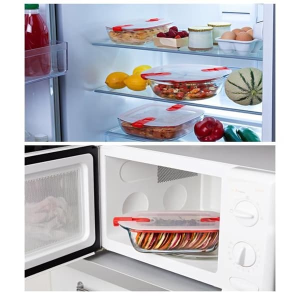 Set med 3 rektangulära glasfat med ångventillock 23x15cm PYREX