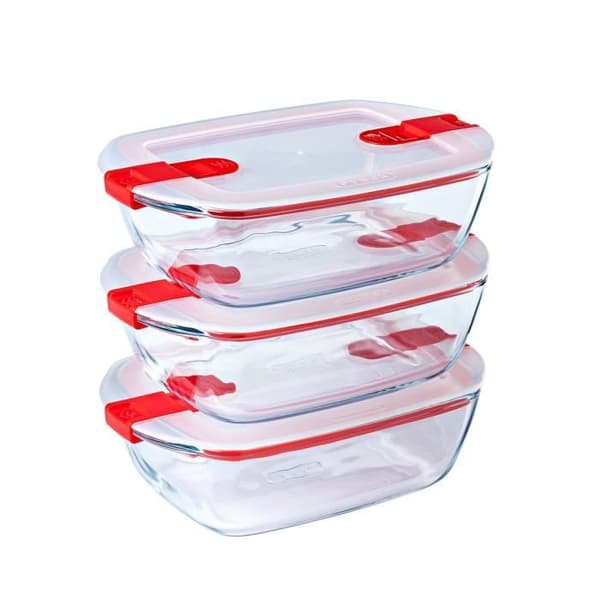 Set med 3 rektangulära glasfat med ångventillock 23x15cm PYREX