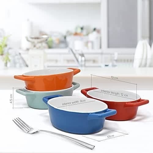 Set med ovala ugnsformar (x 4) i keramik | Perfekt för lasagne, gratäng eller gryta | i blått, blågrönt, rött och orange