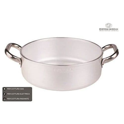 Pentole Agnelli Cylindrisk gryta, låg, strålande, i aluminium, tjocklek 5mm, med 2 handtag i rostfritt stål, silver 24 cm