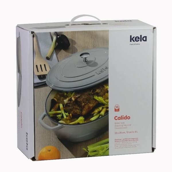 KELA Ovalt gjutjärnsfat med lock Calido 35x26 cm ljusgrå KL-12608