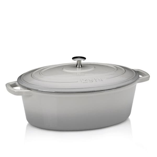 KELA Ovalt gjutjärnsfat med lock Calido 35x26 cm ljusgrå KL-12608