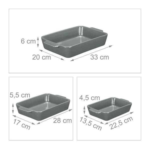 Relaxdays set med 3 ugnsformar i keramik; lasagneform; tiramisuform; mikrovågsugnform; ugnstillagning; grå