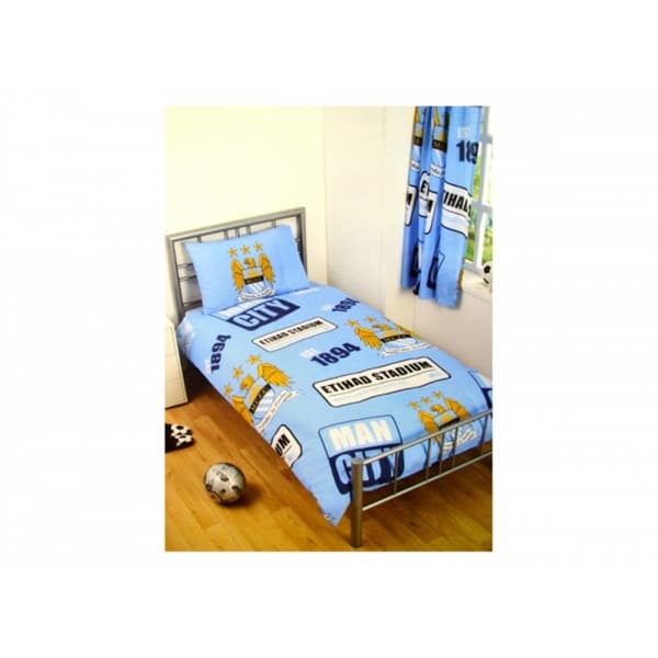 Manchester City FC Official Football Patch Single Duvet and Pillow Set Light Blue/Gold/White One Size