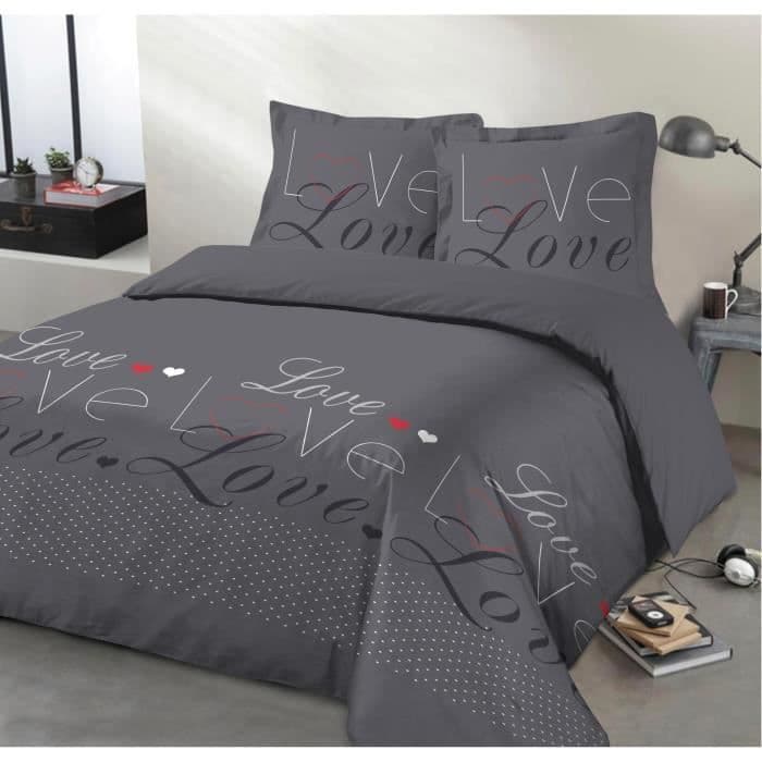 VISION Love dynesæt - 100% bomuld - 1 dynetæppe 220 x 240 cm + 2 pudebetræk 65 x 65 cm - Trækulgrå