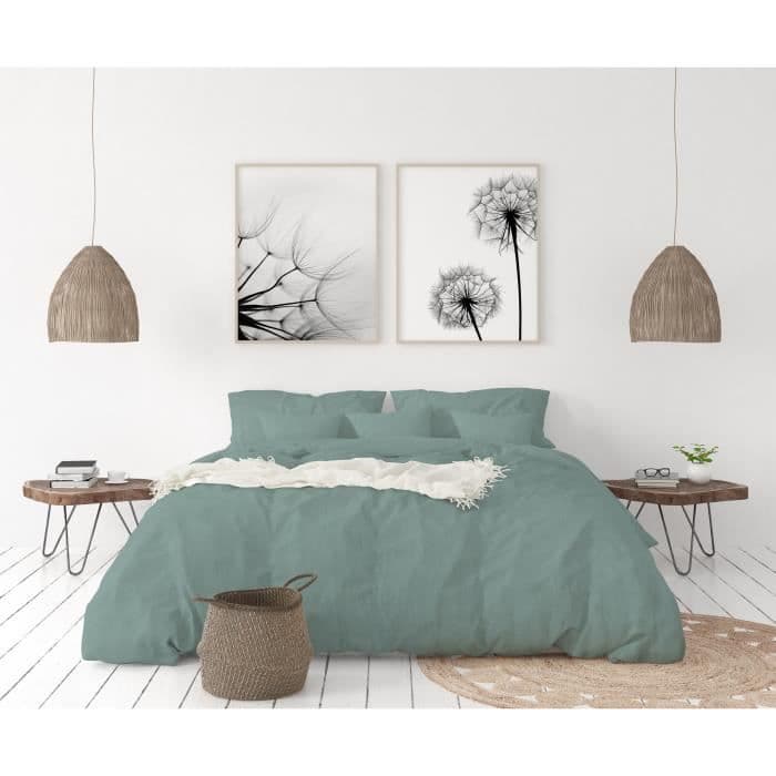 LOVELY HOME 100% linned dynesæt 220x240cm + 2 pudebetræk 65x65cm - Farve Celadon blå