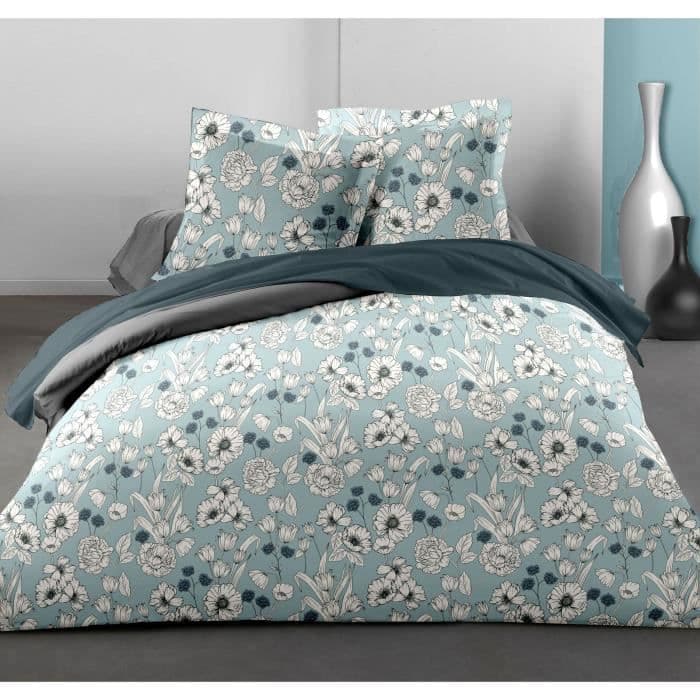 LOVELY HOME Blossom dynesæt - 1 dynebetræk 240x260 cm + 2 pudebetræk 65x65 cm fladsyet fløjl - 54 tråde - blå