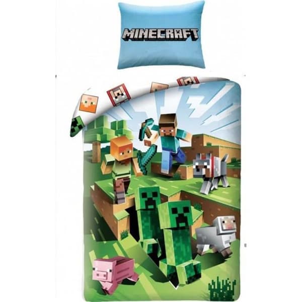 Minecraft Sängkläder Set - 100% Bomull - Episk Strid Scen - Grön/Blå